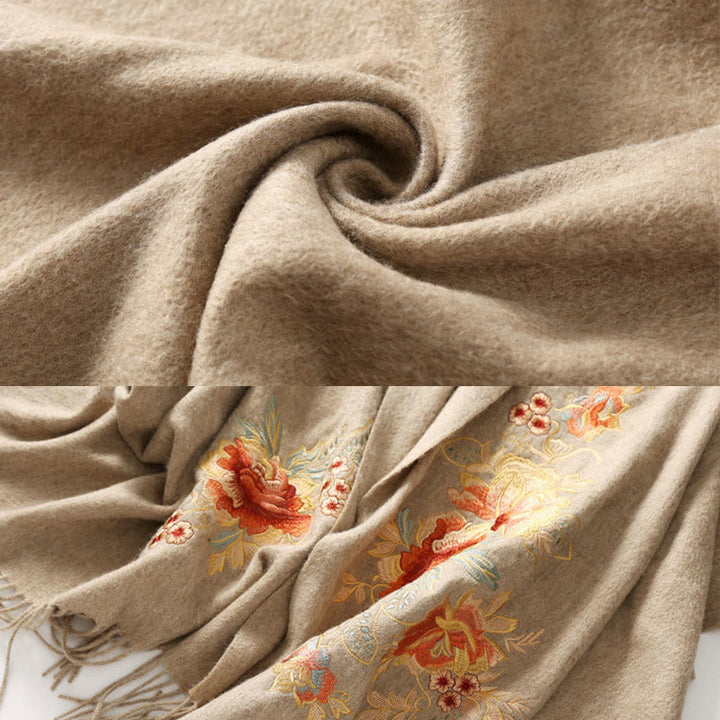 Buddha Stones Wool Shawl Red Pink Flower Embroidery Tassel Winter Cozy Travel Scarf Wrap - image 3
