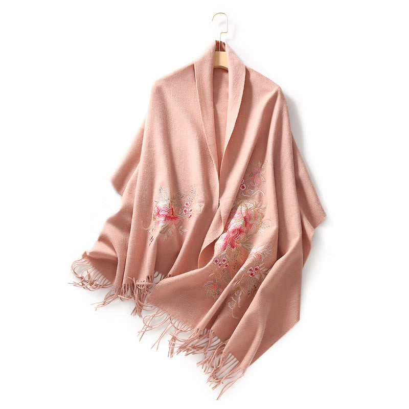 Buddha Stones Wool Shawl Red Pink Flower Embroidery Tassel Winter Cozy Travel Scarf Wrap - image 10