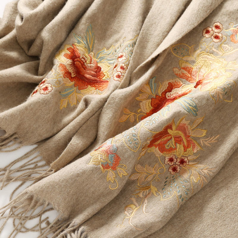 Buddha Stones Wool Shawl Red Pink Flower Embroidery Tassel Winter Cozy Travel Scarf Wrap - image 1