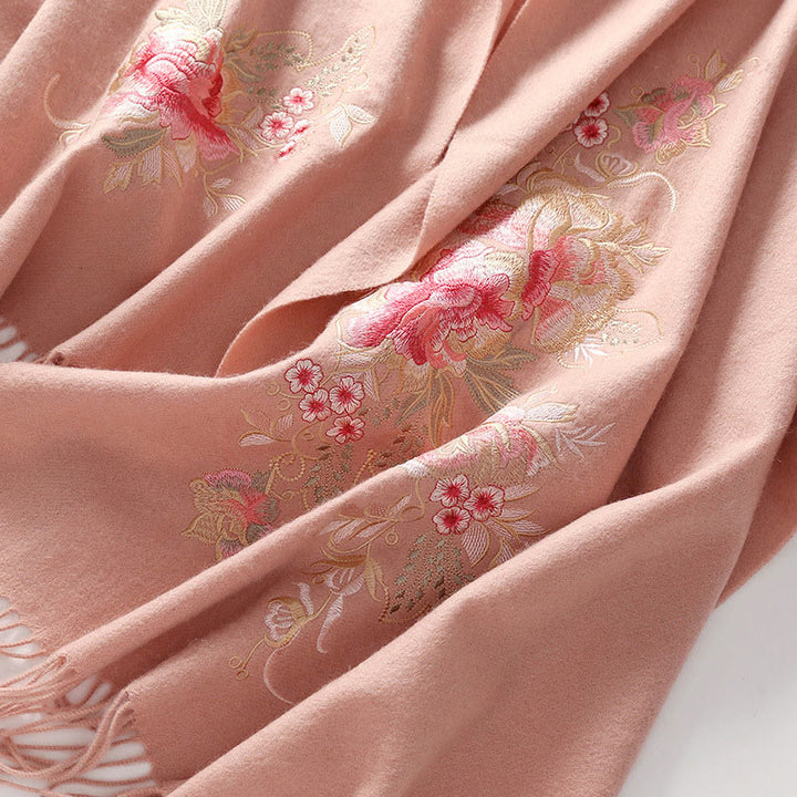 Buddha Stones Wool Shawl Red Pink Flower Embroidery Tassel Winter Cozy Travel Scarf Wrap - image 8
