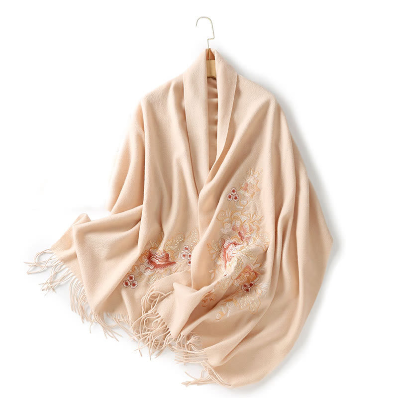Buddha Stones Wool Shawl Red Pink Flower Embroidery Tassel Winter Cozy Travel Scarf Wrap - PeachPuff - 200*60cm - image 12