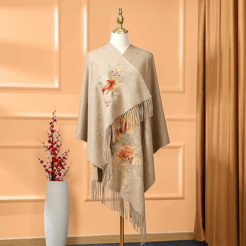 Buddha Stones Wool Shawl Red Pink Flower Embroidery Tassel Winter Cozy Travel Scarf Wrap - Tan - 200*60cm - image 0