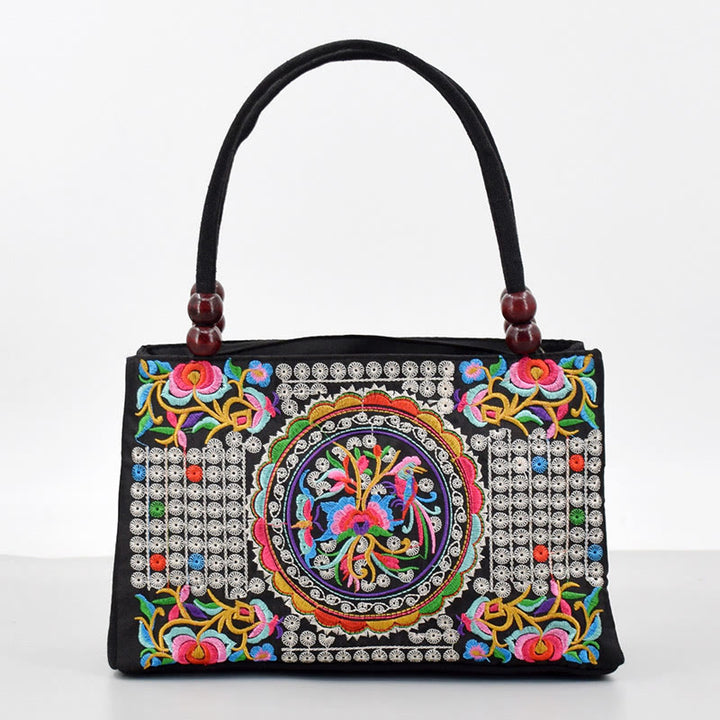 Buddha Stones Galsang Inula Flower Peony Peacock Double-Sided Embroidery Canvas Shopping Purse Handbag - Inula Flower - image 9