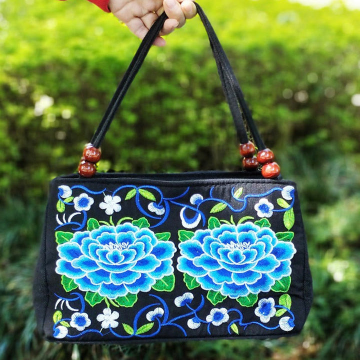 Buddha Stones Galsang Inula Flower Peony Peacock Double-Sided Embroidery Canvas Shopping Purse Handbag - DeepSkyBlue Peony - image 11