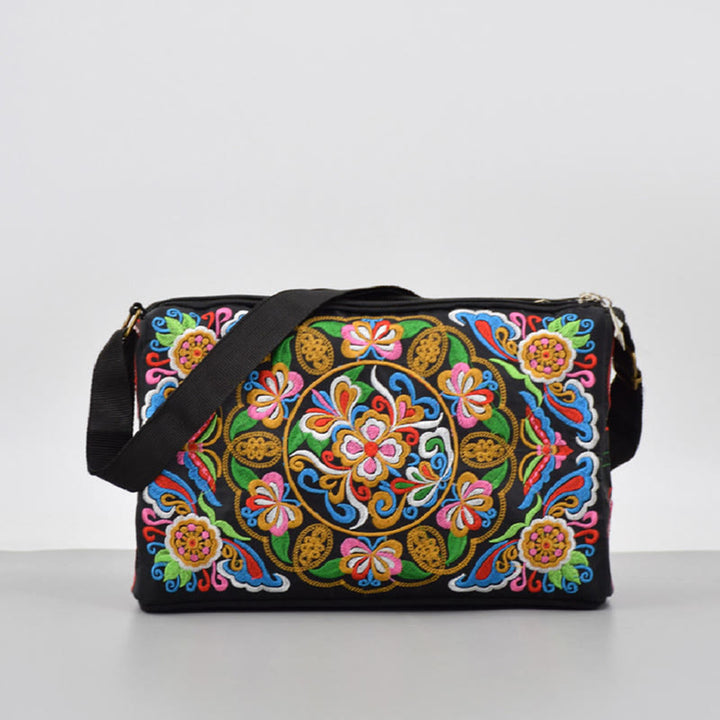 Buddha Stones Galsang Inula Flower Peony Peacock Double-Sided Embroidery Canvas Shopping Purse Handbag Crossbody Bag - image 1