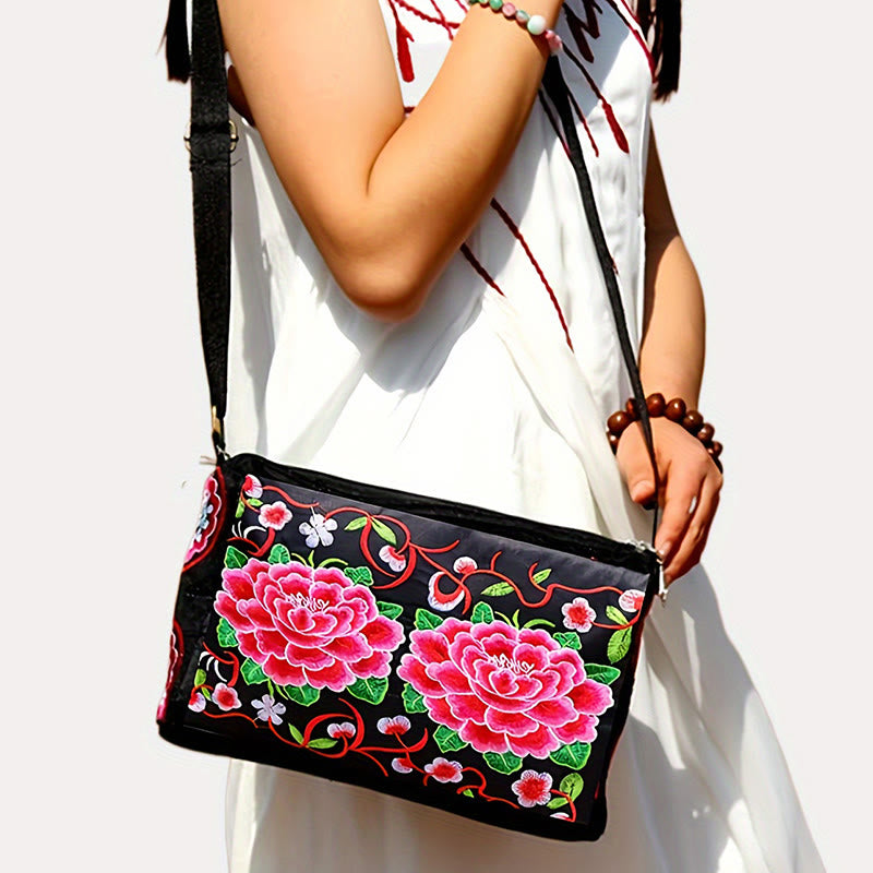 Buddha Stones Galsang Inula Flower Peony Peacock Double-Sided Embroidery Canvas Shopping Purse Handbag Crossbody Bag - image 12