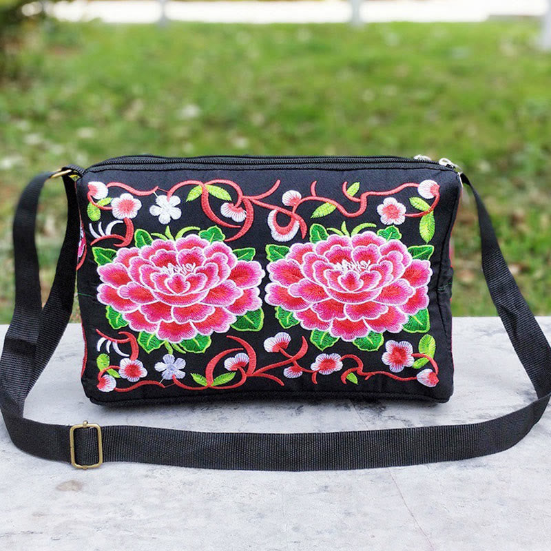 Buddha Stones Galsang Inula Flower Peony Peacock Double-Sided Embroidery Canvas Shopping Purse Handbag Crossbody Bag - Pink Peony - image 11