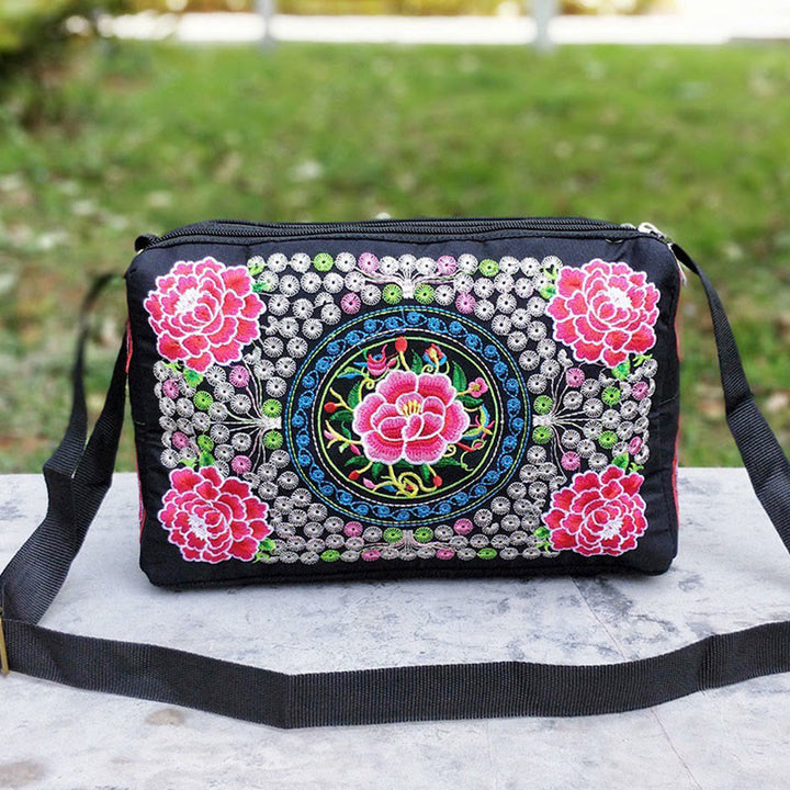 Buddha Stones Galsang Inula Flower Peony Peacock Double-Sided Embroidery Canvas Shopping Purse Handbag Crossbody Bag - Small Pink Peony - image 16