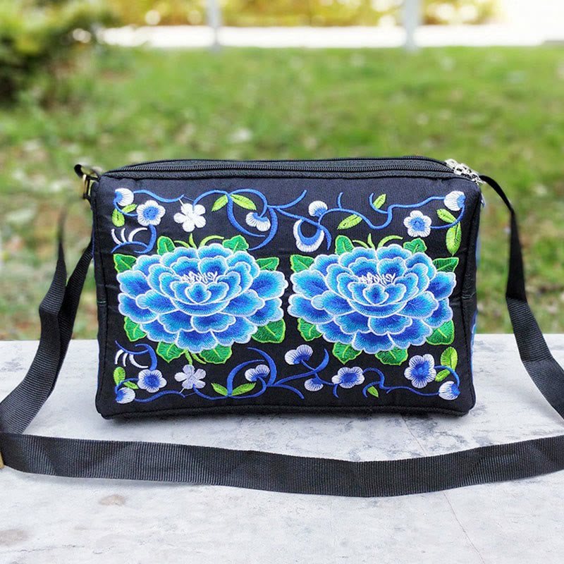 Buddha Stones Galsang Inula Flower Peony Peacock Double-Sided Embroidery Canvas Shopping Purse Handbag Crossbody Bag - Blue Peony - image 14