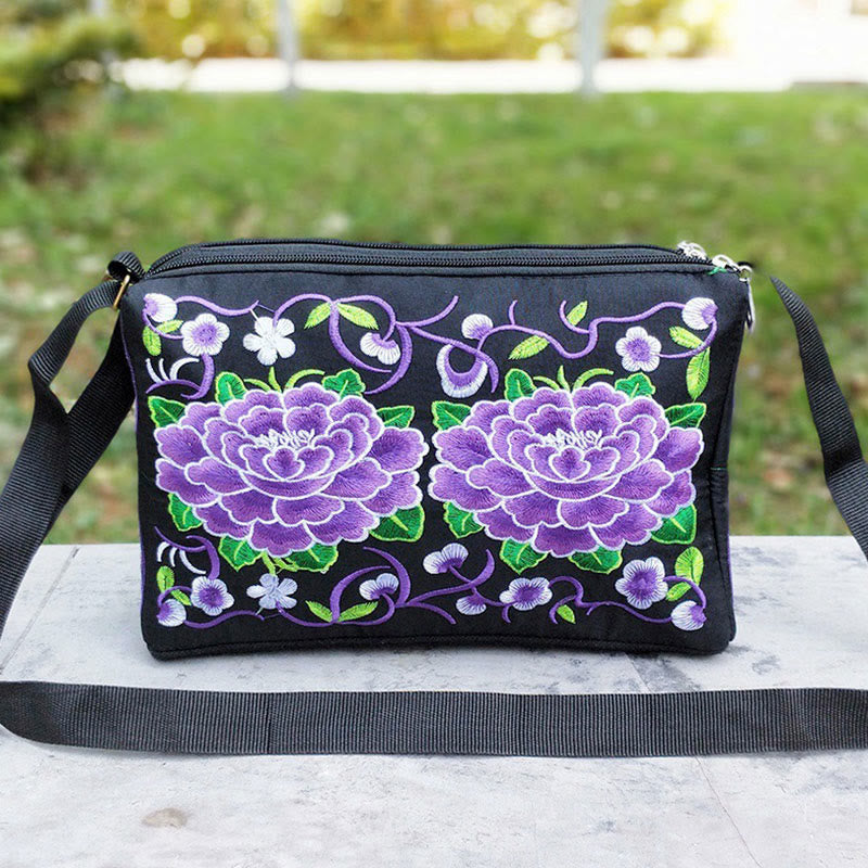 Buddha Stones Galsang Inula Flower Peony Peacock Double-Sided Embroidery Canvas Shopping Purse Handbag Crossbody Bag - Purple Peony - image 15