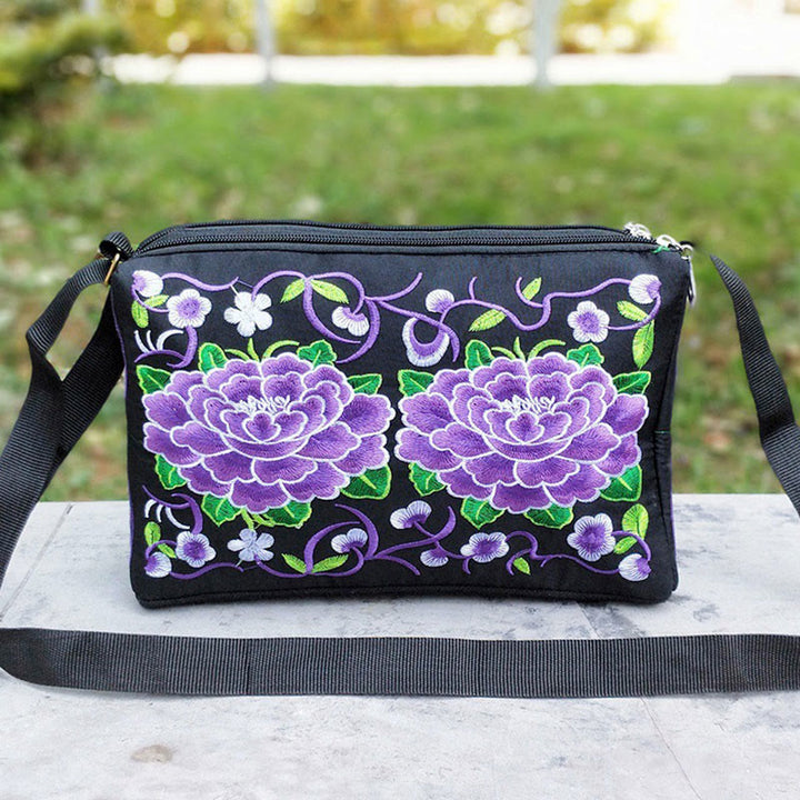 Buddha Stones Galsang Inula Flower Peony Peacock Double-Sided Embroidery Canvas Shopping Purse Handbag Crossbody Bag - Purple Peony - image 15