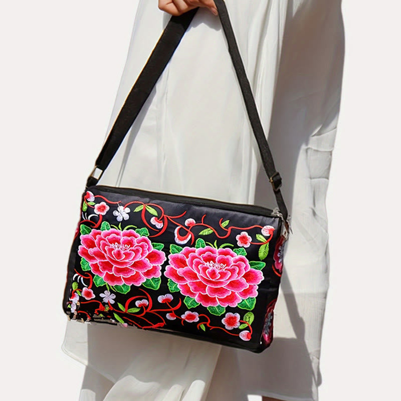 Buddha Stones Galsang Inula Flower Peony Peacock Double-Sided Embroidery Canvas Shopping Purse Handbag Crossbody Bag - image 13