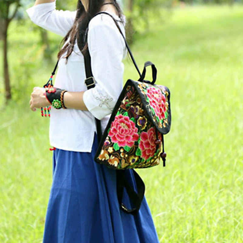 Buddha Stones Peony Chinese Money Tree Embroidery Canvas Backpack - image 15