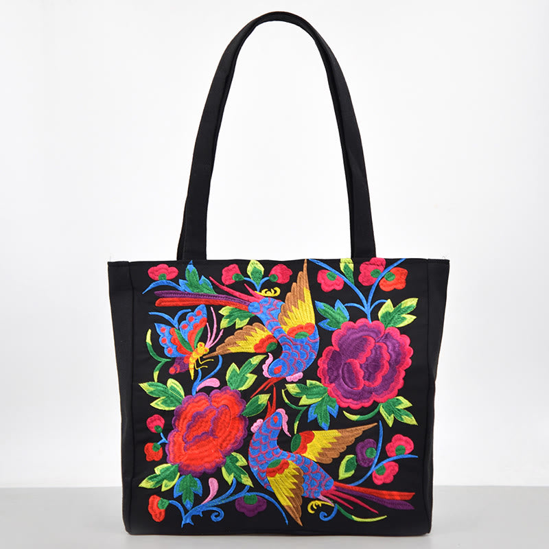 Buddha Stones Galsang Magpie Peony Camellia Chrysanthemum Embroidery Canvas Shopping Purse Handbag Shoulder Bag - Red Magpie Camellia - image 15