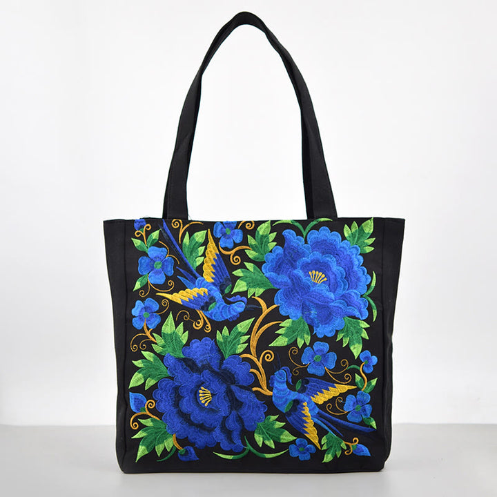 Buddha Stones Galsang Magpie Peony Camellia Chrysanthemum Embroidery Canvas Shopping Purse Handbag Shoulder Bag - Double Blue Peony - image 12