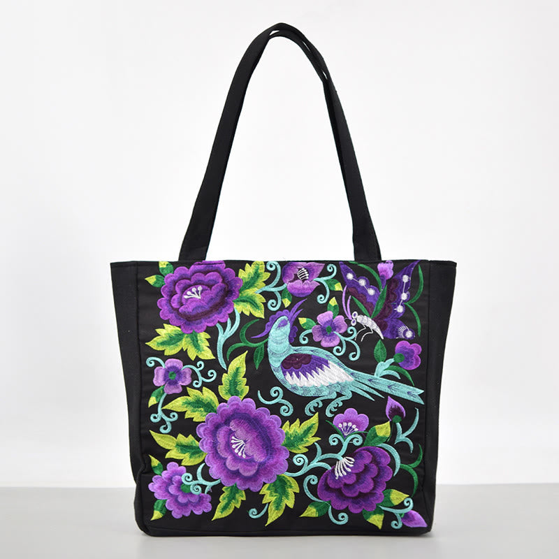 Buddha Stones Galsang Magpie Peony Camellia Chrysanthemum Embroidery Canvas Shopping Purse Handbag Shoulder Bag - Purple Magpie Peony - image 8