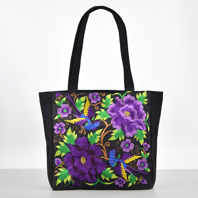 Buddha Stones Galsang Magpie Peony Camellia Chrysanthemum Embroidery Canvas Shopping Purse Handbag Shoulder Bag - Double Purple Peony - image 13