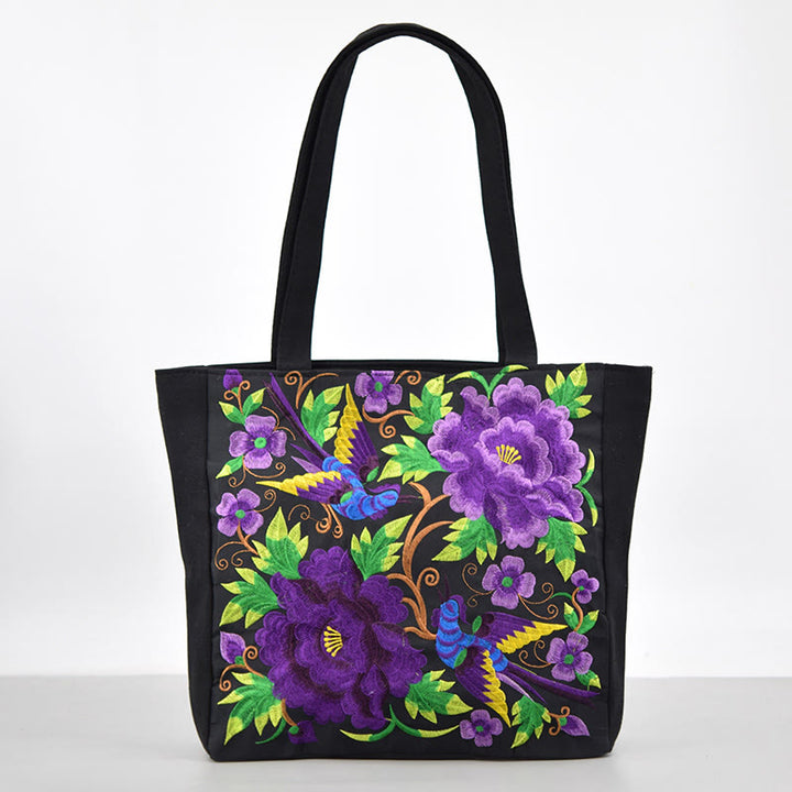 Buddha Stones Galsang Magpie Peony Camellia Chrysanthemum Embroidery Canvas Shopping Purse Handbag Shoulder Bag - Double Purple Peony - image 13