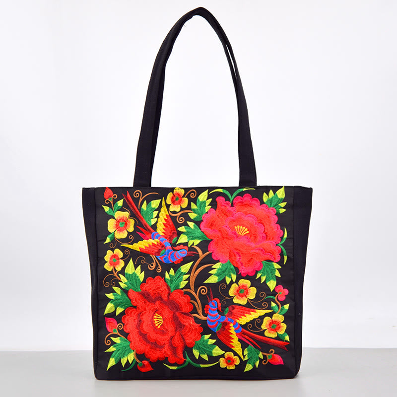 Buddha Stones Galsang Magpie Peony Camellia Chrysanthemum Embroidery Canvas Shopping Purse Handbag Shoulder Bag - Double Red Peony - image 9