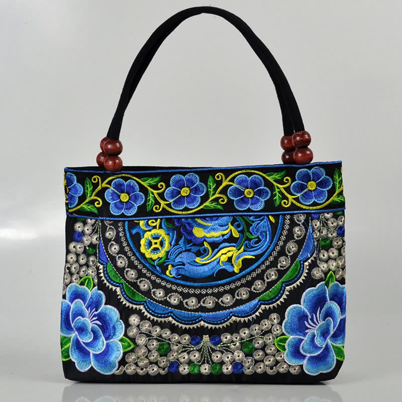 Buddha Stones Money Tree Peony Phoenix Apple Blossom Double-Sided Embroidery Cotton Canvas Shopping Purse Handbag - Blue Apple Blossom - image 10