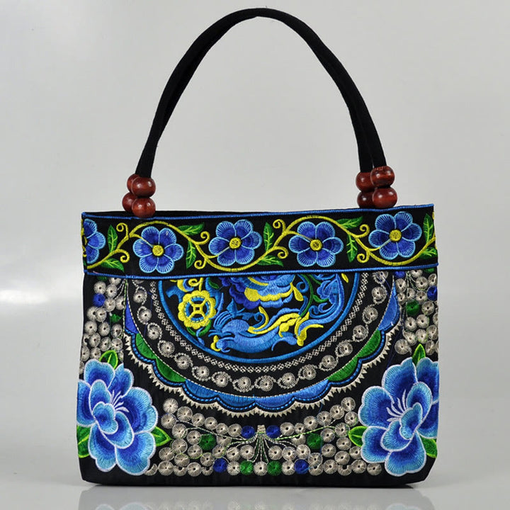 Buddha Stones Money Tree Peony Phoenix Apple Blossom Double-Sided Embroidery Cotton Canvas Shopping Purse Handbag - Blue Apple Blossom - image 10