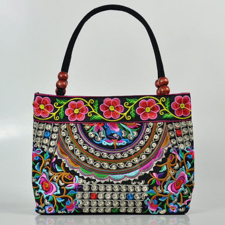 Buddha Stones Money Tree Peony Phoenix Apple Blossom Double-Sided Embroidery Cotton Canvas Shopping Purse Handbag - Chinese Money Tree - image 0