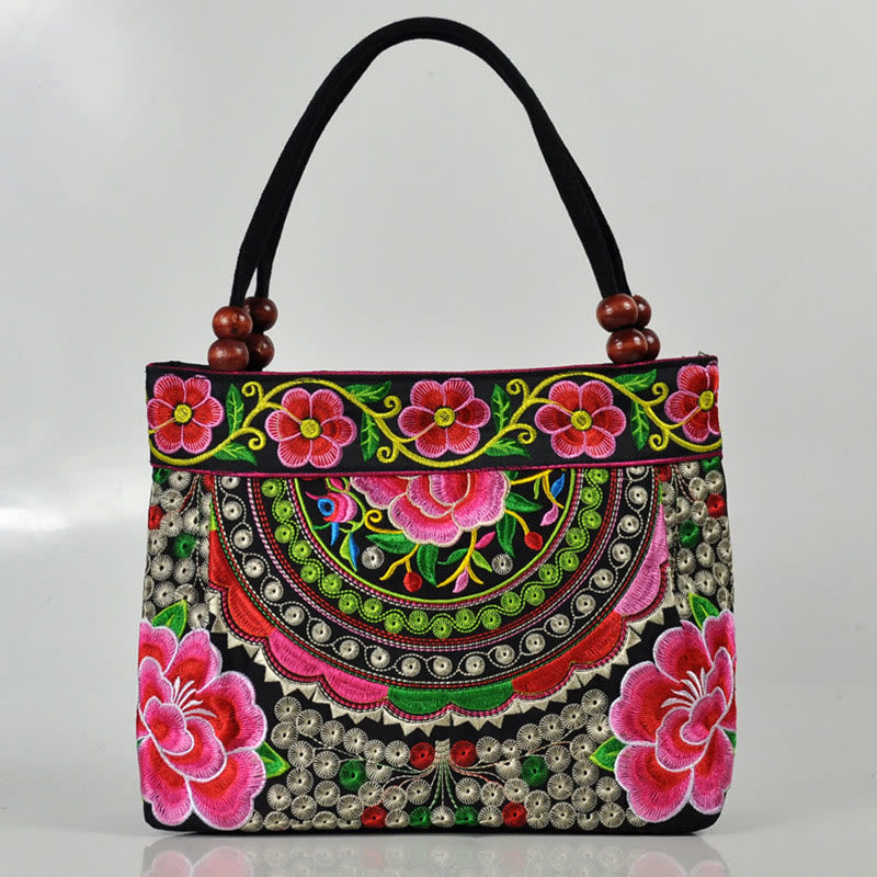 Buddha Stones Money Tree Peony Phoenix Apple Blossom Double-Sided Embroidery Cotton Canvas Shopping Purse Handbag - Red Apple Blossom - image 9