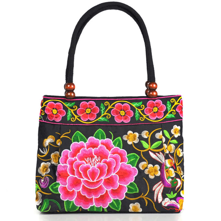 Buddha Stones Money Tree Peony Phoenix Apple Blossom Double-Sided Embroidery Cotton Canvas Shopping Purse Handbag - Red Peony - image 13
