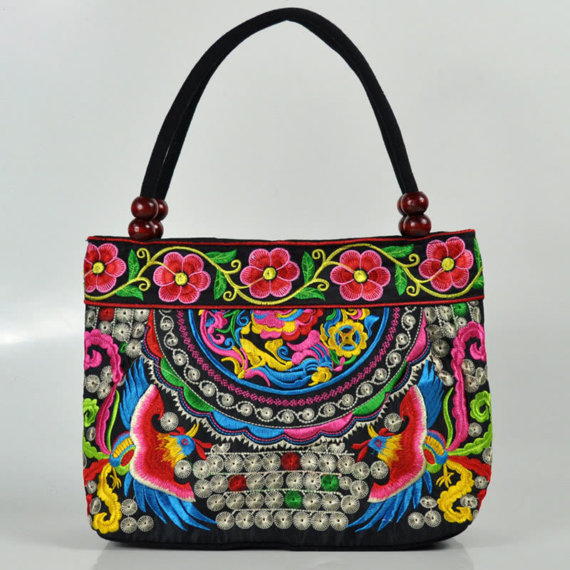 Buddha Stones Money Tree Peony Phoenix Apple Blossom Double-Sided Embroidery Cotton Canvas Shopping Purse Handbag - Double Phoenix - image 8