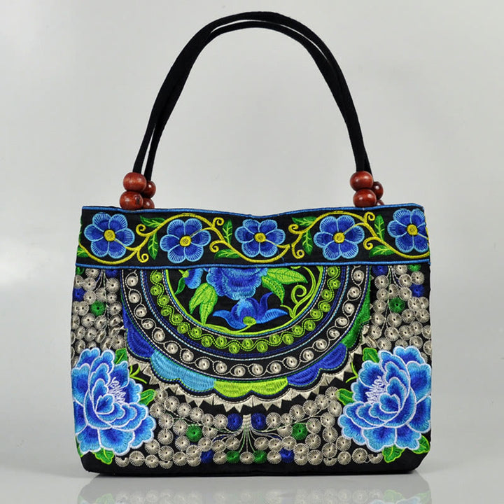 Buddha Stones Money Tree Peony Phoenix Apple Blossom Double-Sided Embroidery Cotton Canvas Shopping Purse Handbag - Small Blue Peony - image 5