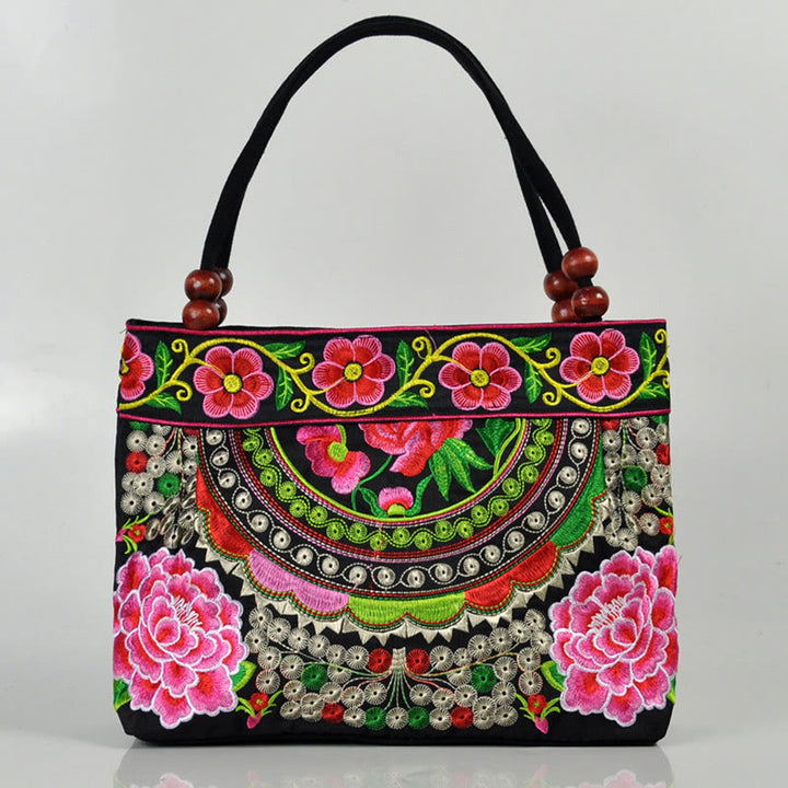 Buddha Stones Money Tree Peony Phoenix Apple Blossom Double-Sided Embroidery Cotton Canvas Shopping Purse Handbag - Small Red Peony - image 1