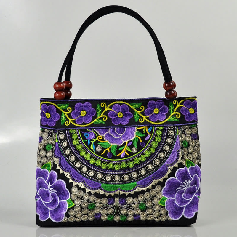 Buddha Stones Money Tree Peony Phoenix Apple Blossom Double-Sided Embroidery Cotton Canvas Shopping Purse Handbag - Purple Apple Blossom - image 11