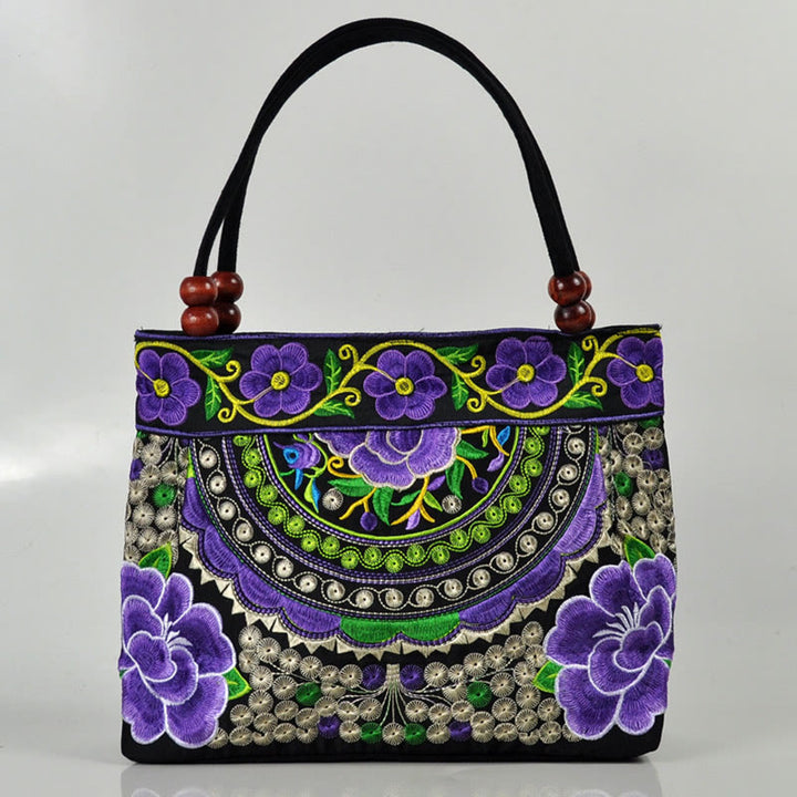 Buddha Stones Money Tree Peony Phoenix Apple Blossom Double-Sided Embroidery Cotton Canvas Shopping Purse Handbag - Purple Apple Blossom - image 11