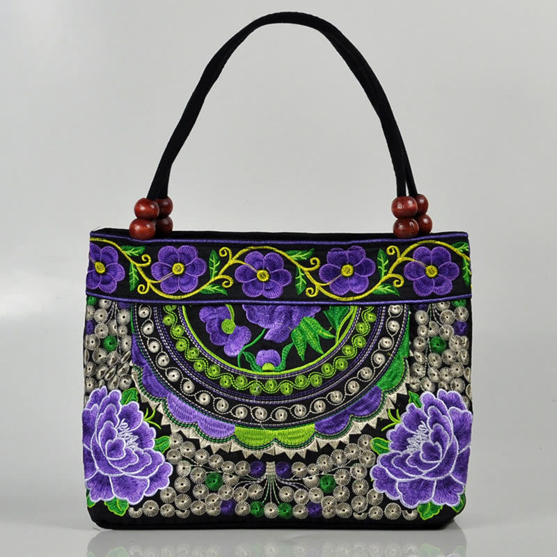 Buddha Stones Money Tree Peony Phoenix Apple Blossom Double-Sided Embroidery Cotton Canvas Shopping Purse Handbag - Small Purple Peony - image 6