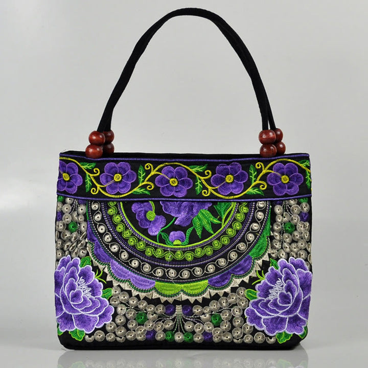 Buddha Stones Money Tree Peony Phoenix Apple Blossom Double-Sided Embroidery Cotton Canvas Shopping Purse Handbag - Small Purple Peony - image 6