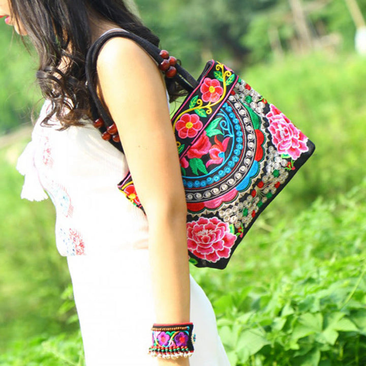 Buddha Stones Money Tree Peony Phoenix Apple Blossom Double-Sided Embroidery Cotton Canvas Shopping Purse Handbag - image 3