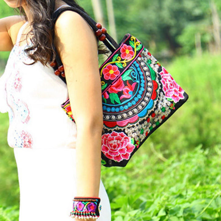 Buddha Stones Money Tree Peony Phoenix Apple Blossom Double-Sided Embroidery Cotton Canvas Shopping Purse Handbag - image 4