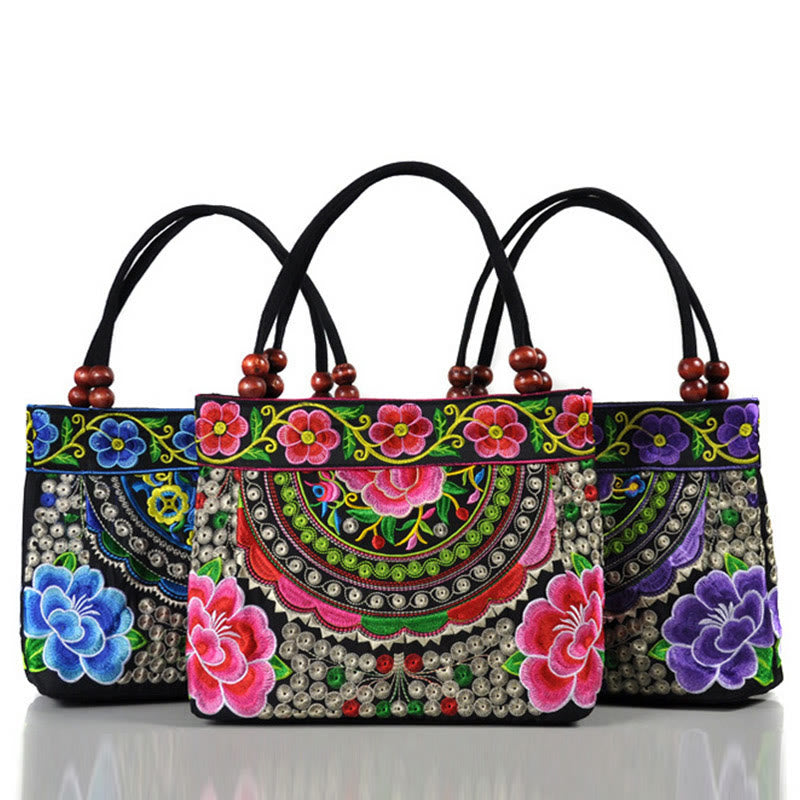 Buddha Stones Money Tree Peony Phoenix Apple Blossom Double-Sided Embroidery Cotton Canvas Shopping Purse Handbag - image 12