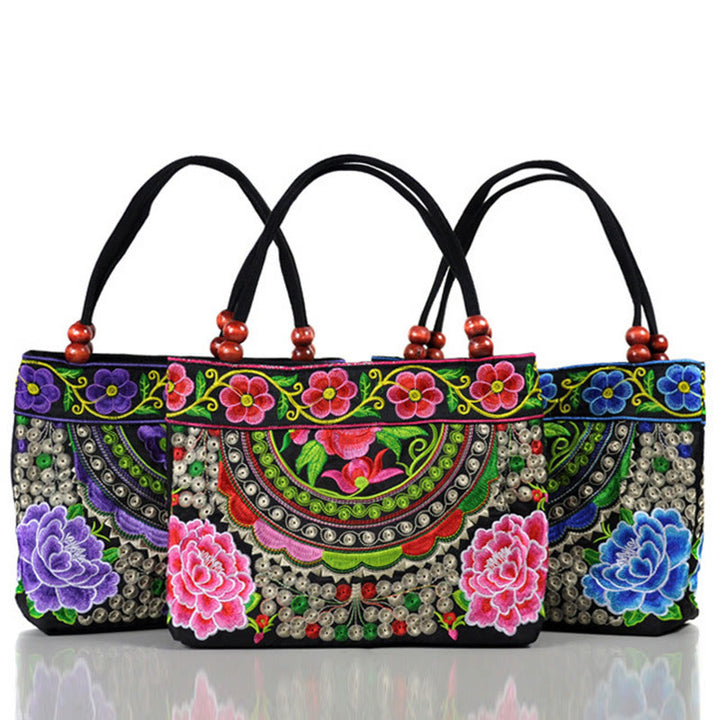 Buddha Stones Money Tree Peony Phoenix Apple Blossom Double-Sided Embroidery Cotton Canvas Shopping Purse Handbag - image 7