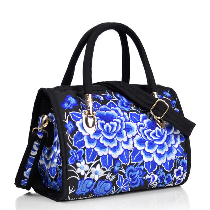 Buddha Stones Money Tree Peony Camellia Double-Sided Embroidery Canvas Shopping Purse Handbag Crossbody Bag - Double Blue White Peony - image 21