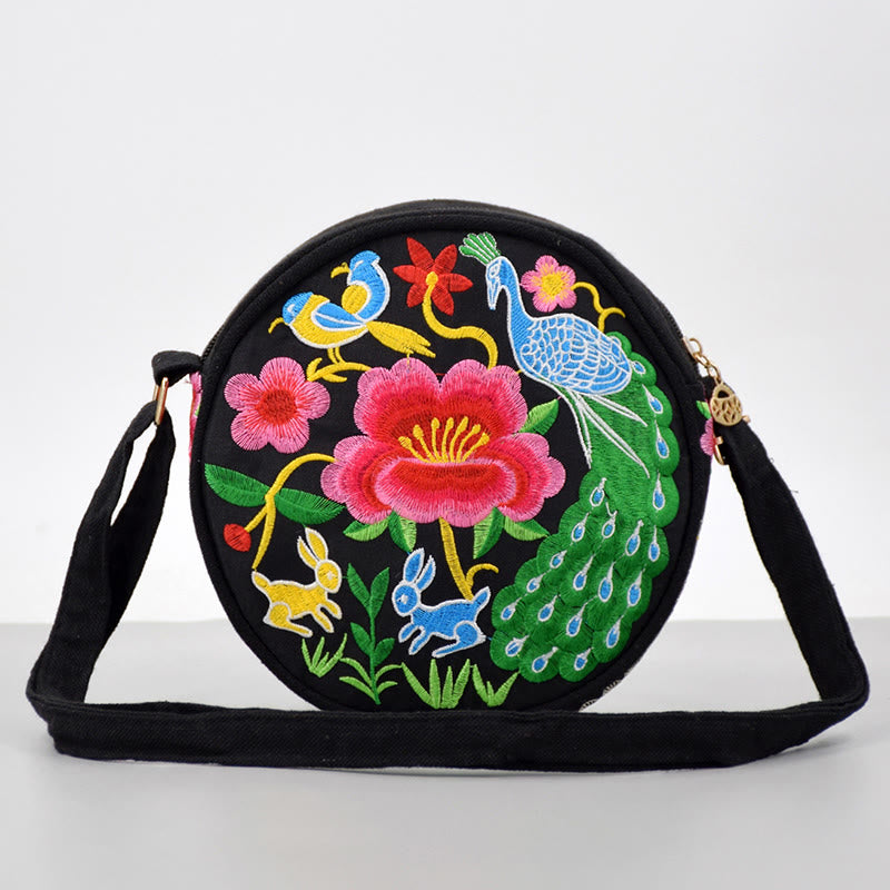 Buddha Stones Money Tree Galsang Inula Flower Peony Rose Peacock Double-Sided Embroidery Canvas Shopping Purse Handbag Crossbody Bag - Peacock Rabbit - image 7