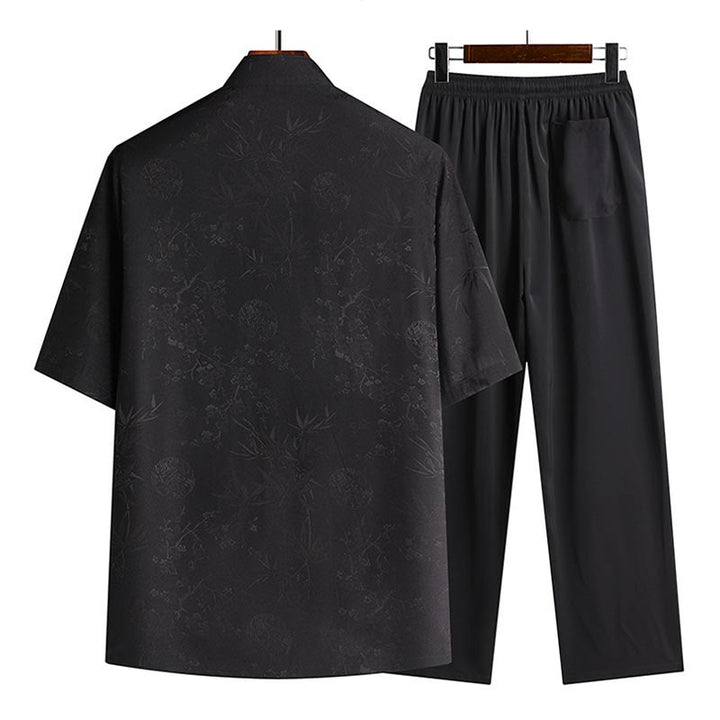 Buddha Stones Bamboo Peach Blossom Tang Suit Hanfu Traditional Uniform Short Sleeve Top Pants Clothing Men's Set - image 3