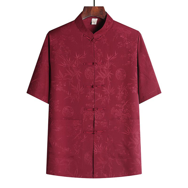 Buddha Stones Bamboo Peach Blossom Tang Suit Hanfu Traditional Uniform Short Sleeve Top Pants Clothing Men's Set - Red Top - US/UK/AU42，EU52 (3XL) - image 6