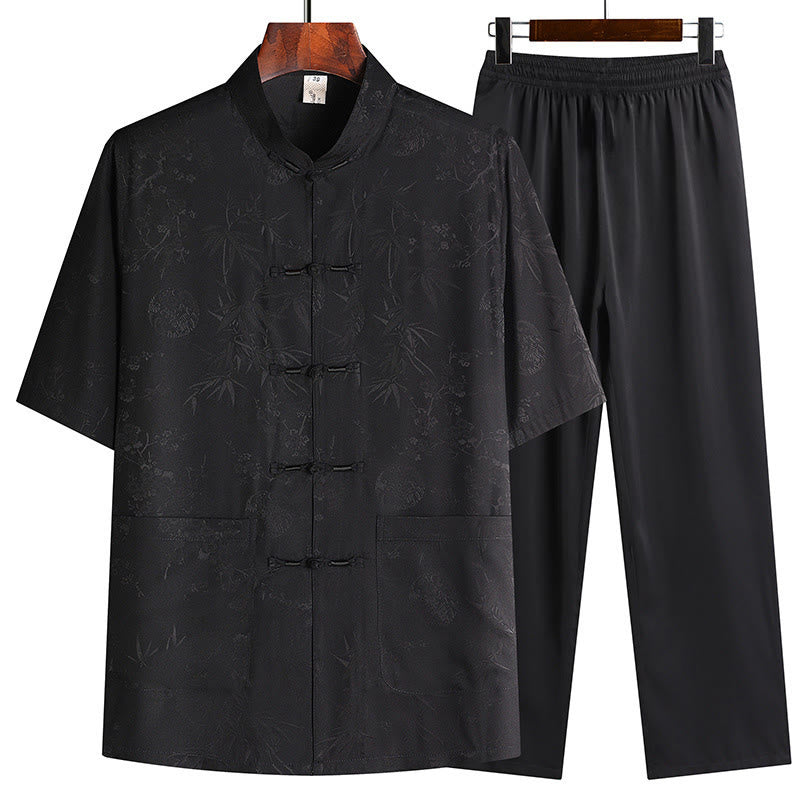 Buddha Stones Bamboo Peach Blossom Tang Suit Hanfu Traditional Uniform Short Sleeve Top Pants Clothing Men's Set - Black(Top&Pants) - US/UK/AU42，EU52 (3XL) - image 2
