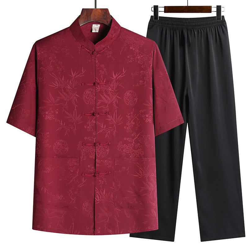 Buddha Stones Bamboo Peach Blossom Tang Suit Hanfu Traditional Uniform Short Sleeve Top Pants Clothing Men's Set - Red(Top&Pants) - US/UK/AU42，EU52 (3XL) - image 1