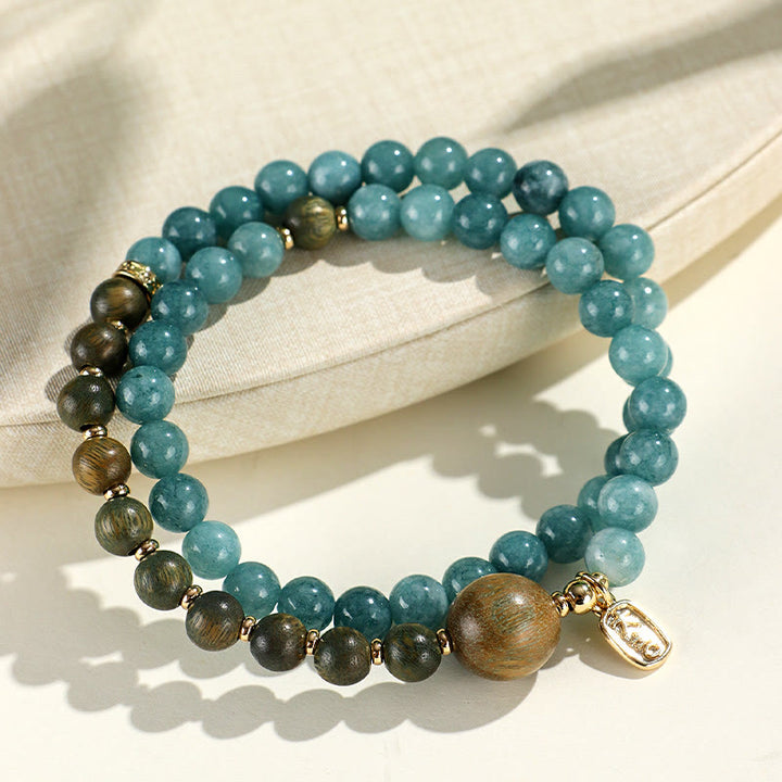 Buddha Stones Blue Chalcedony Green Sandalwood Small Leaf Red Sandalwood Double Wrap Emotional Balance Bracelet - Blue Chalcedony Green Sandalwood(Wrist Circumference: 14-16cm) - image 0