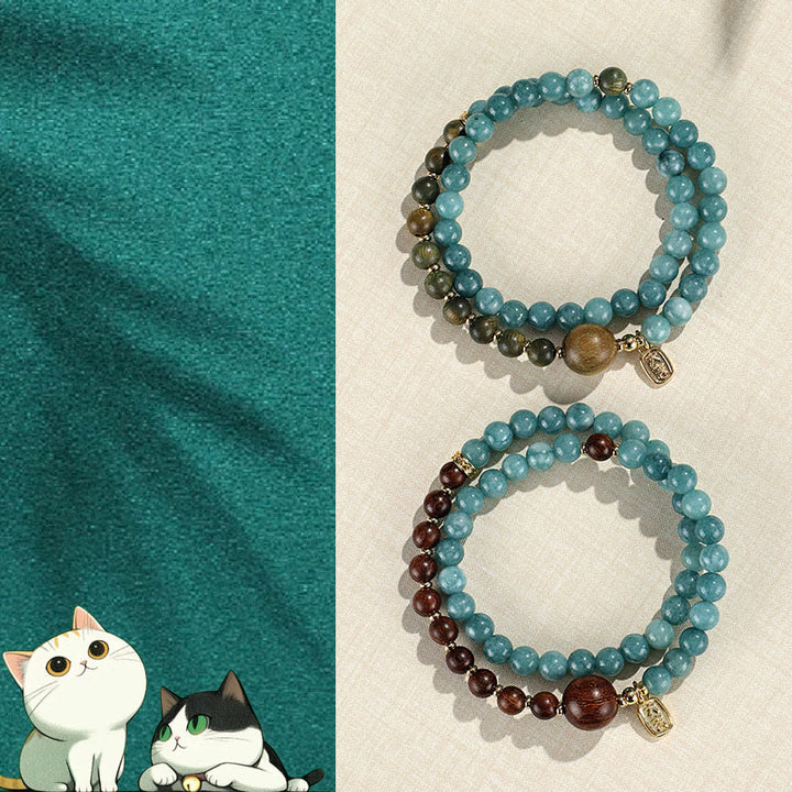 Buddha Stones Blue Chalcedony Green Sandalwood Small Leaf Red Sandalwood Double Wrap Emotional Balance Bracelet - image 14