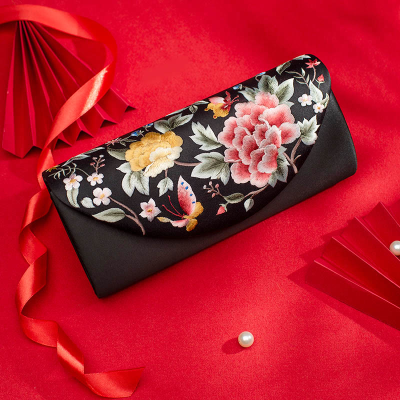 Buddha Stones Peony Tulip Su Embroidery Wedding Shopping Purse Handbag Crossbody Bag - Black (Peony)24*5.5*11cm - image 27
