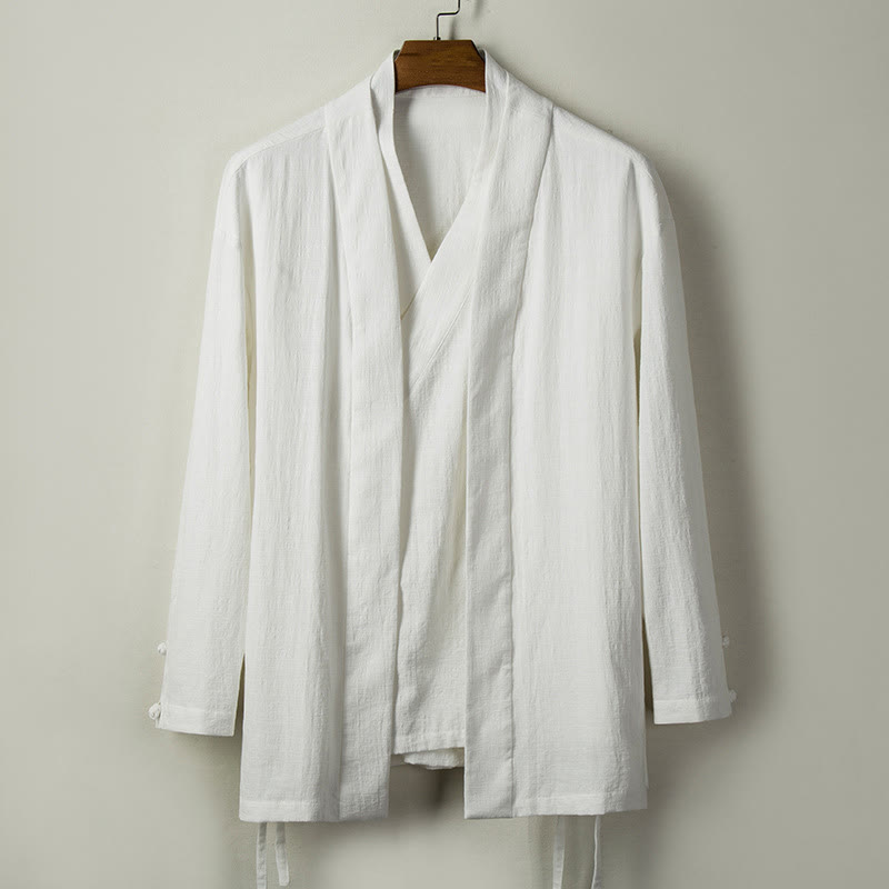 Buddha Stones Fall Chinese Hanfu Cotton Linen Men Jacket Clothing - White - US/UK/AU44，EU54 (4XL) - image 2