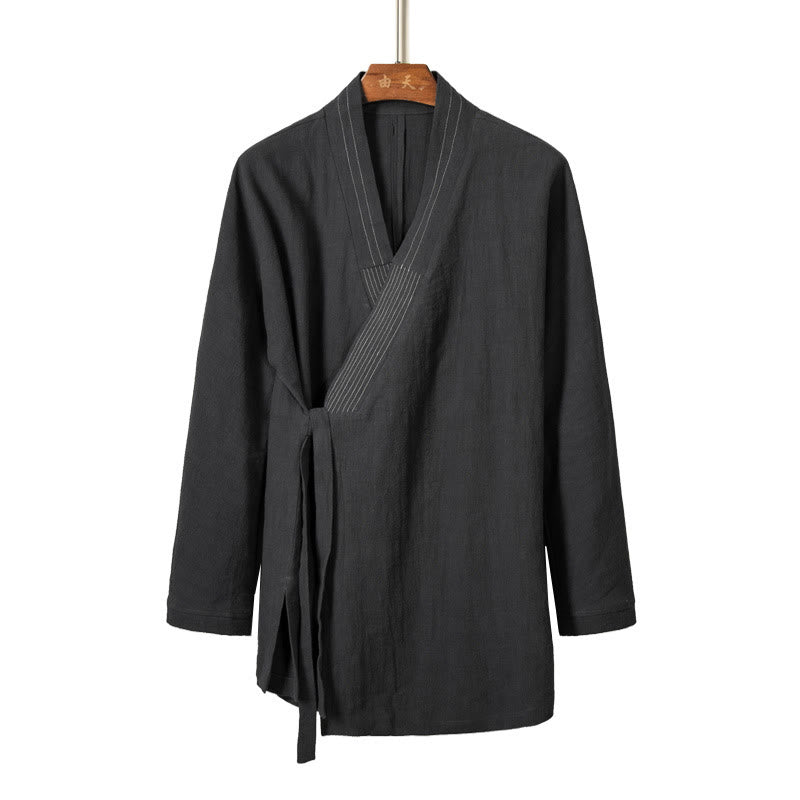 Buddha Stones Simple Fall Lace-up Cotton Linen Men Jacket Coat Zen Clothing - LightSlateGray - US/UK/AU44，EU54 (4XL) - image 5
